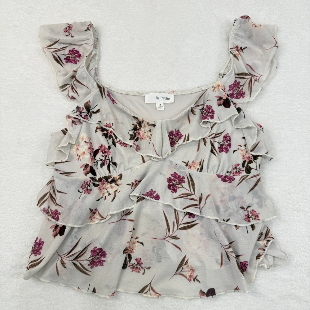 La Peche Floral Semi Sheer Mesh Ruffle Tiered Top M Beige Pink Fairy Cottage